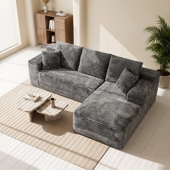 106” Cloud Sectional Couch, Compressed Modular Sectional Sofa with Deep Seat, 3-Seat Corduroy Boneless Couche, L-Shaped Sectional Couches for Living Room, Right Facing Chaise, Grey