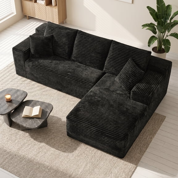 106” Cloud Sectional Couch, Compressed Modular Sectional Sofa with Deep Seat, 3-Seat Corduroy Boneless Couche, L-Shaped Sectional Couches for Living Room, Right Facing Chaise, Black