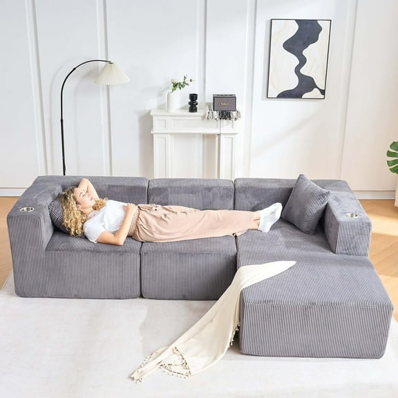 106" Cloud Sectional Sofa, L-Shaped Couch with Right Chaise, 3-Piece Modular Deep Seat, Plush & Supportive, No Assembly Living Room Sofa in Fine Wale Corduroy