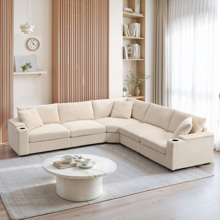 106" Convertible L Shaped Sectional Sofa,Corduroy Corner Couch with Armrest Storage,Cup Holders,USB Charger,Irregular Corner,Oversized Comfy Modular Sofa for Living Room,Apartment (Beige)