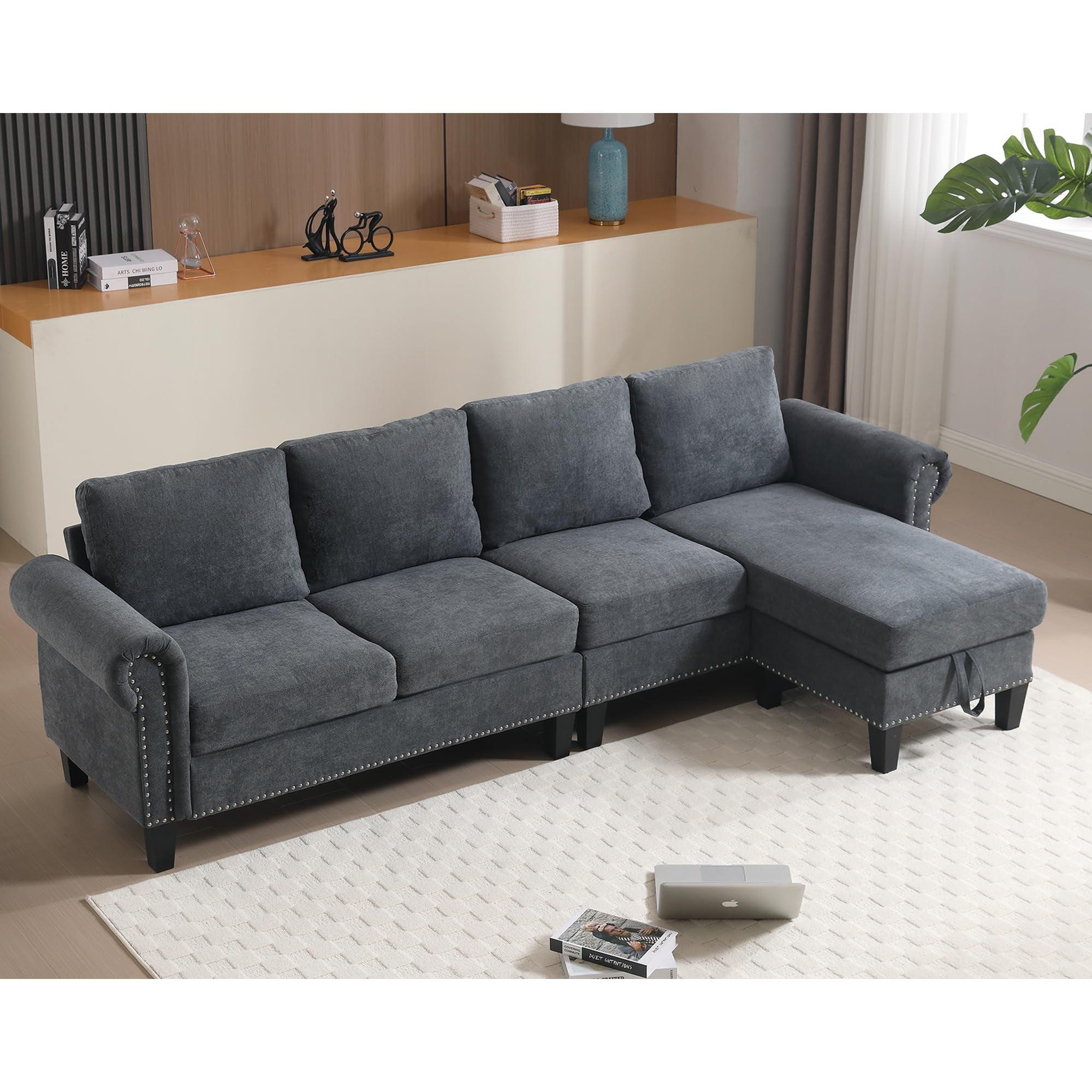 Gray Velvet L-Shaped Sectional Sofa with Storage Ottoman