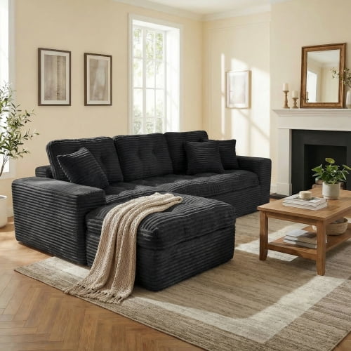 106" Faux Rabbit Fur Velvet Traditional Sofa, Comfy Couch with All Foam Structure, Modern Sofa Couch with Modular Layout for Living Room Apartment, Black