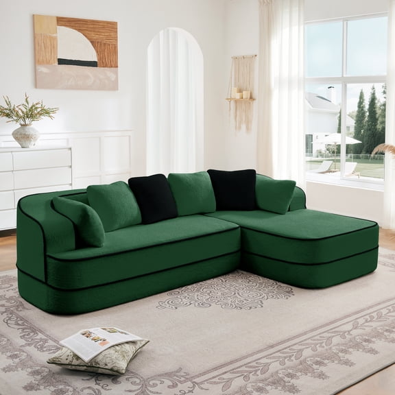 106" Green Teddy Fabric Modular Sectional Sofa with L-Shaped Chaise, No Assembly Required, Fluffy Comfy Couch for Living Room, Ergonomic Design, 32D Boneless, Curved Arms