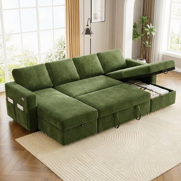 106" Green U-Shaped Sectional Sleeper Sofa with Pull Out Bed, Double Storage Chaises, USB Ports and Chenille Fabric