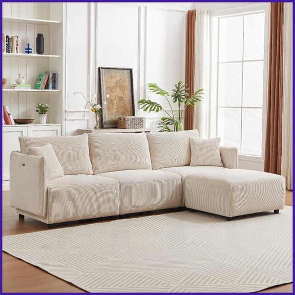 106-Inch Modern Minimalist Corduroy Modular Sofa with USB-C Ports  Perfect for Living Room & Bedroom