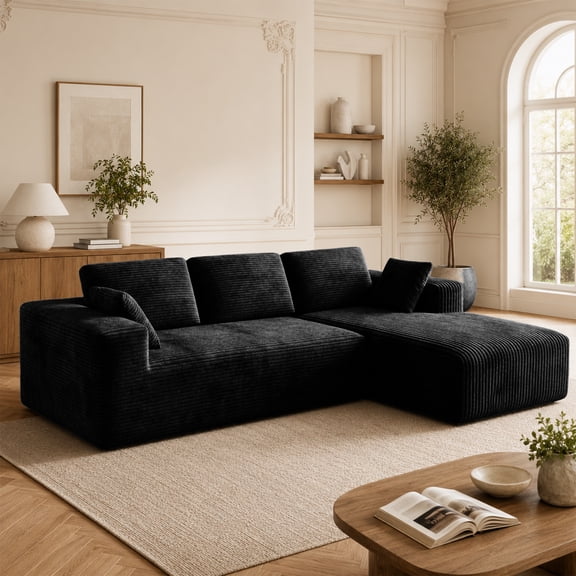 106" L-Shaped Boneless Cloud Couch for Living Room, Corduroy Modular Sectional Couch, Deep Seat Memory Foam Sofa No Assembly Black