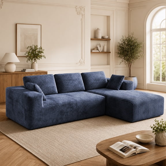 106" L-Shaped Boneless Cloud Couch for Living Room, Corduroy Modular Sectional Couch, Deep Seat Memory Foam Sofa No Assembly Blue