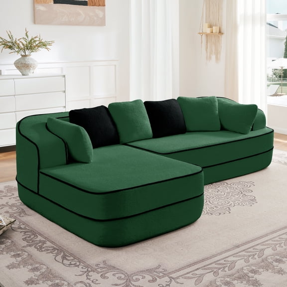 106" L-Shaped Modular Sectional Boneless Sofa Couches, 3 Seater Comfy Teddy Fabric Cloud Couch, 29'' Deep Seat, No Assembly Required, for Living Room, Bedroom, Apartment, Green