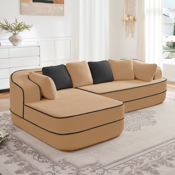 106" L-Shaped Modular Sectional Boneless Sofa Couches, 3 Seater Comfy Teddy Fabric Cloud Couch, 29'' Deep Seat, No Assembly Required, for Living Room, Bedroom, Apartment, Camel