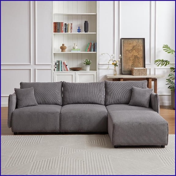 106'' Modern Minimalist Corduroy Modular Sofa with USB-C Ports Ideal for Living Room & Bedroom | Gray | Pillow Back | Corduroy