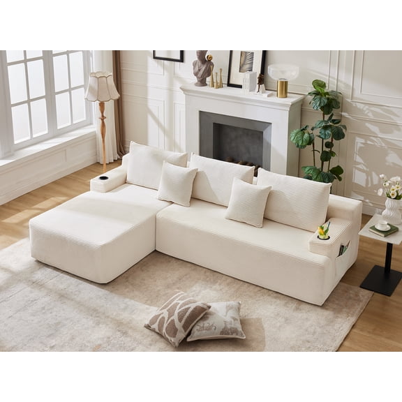 106" Modular Cloud Sectional Sofa, L-Shape Sofa for Living Room, 57" Deep Boneless Couch with 5 Pillows, Cup Holders & Side Pockets, Ultra-Soft Corduroy, No Assembly,Left-Facing Chaise,White