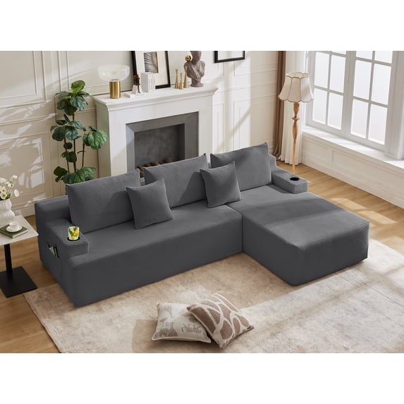 106" Modular Cloud Sectional Sofa, L-Shape Sofa for Living Room, 57" Deep Boneless Couch with 5 Pillows, Cup Holders & Side Pockets, Ultra-Soft Corduroy, No Assembly,Right-Facing Chaise,Dark Grey