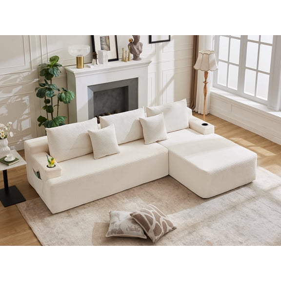 106" Modular Cloud Sectional Sofa, L-Shape Sofa for Living Room, 57" Deep Boneless Couch with 5 Pillows, Cup Holders & Side Pockets, Ultra-Soft Corduroy, No Assembly,Right-Facing Chaise,White