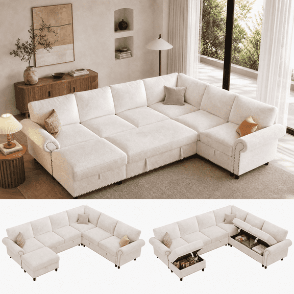 Gacale 106" Modular Sectional Sleeper Sofa, 7 Seat U Shaped Pull Out Couch Bed with Storage Chaise, Modern Chenille Upholstered Convertible Sofa for Living Room Apartment, White