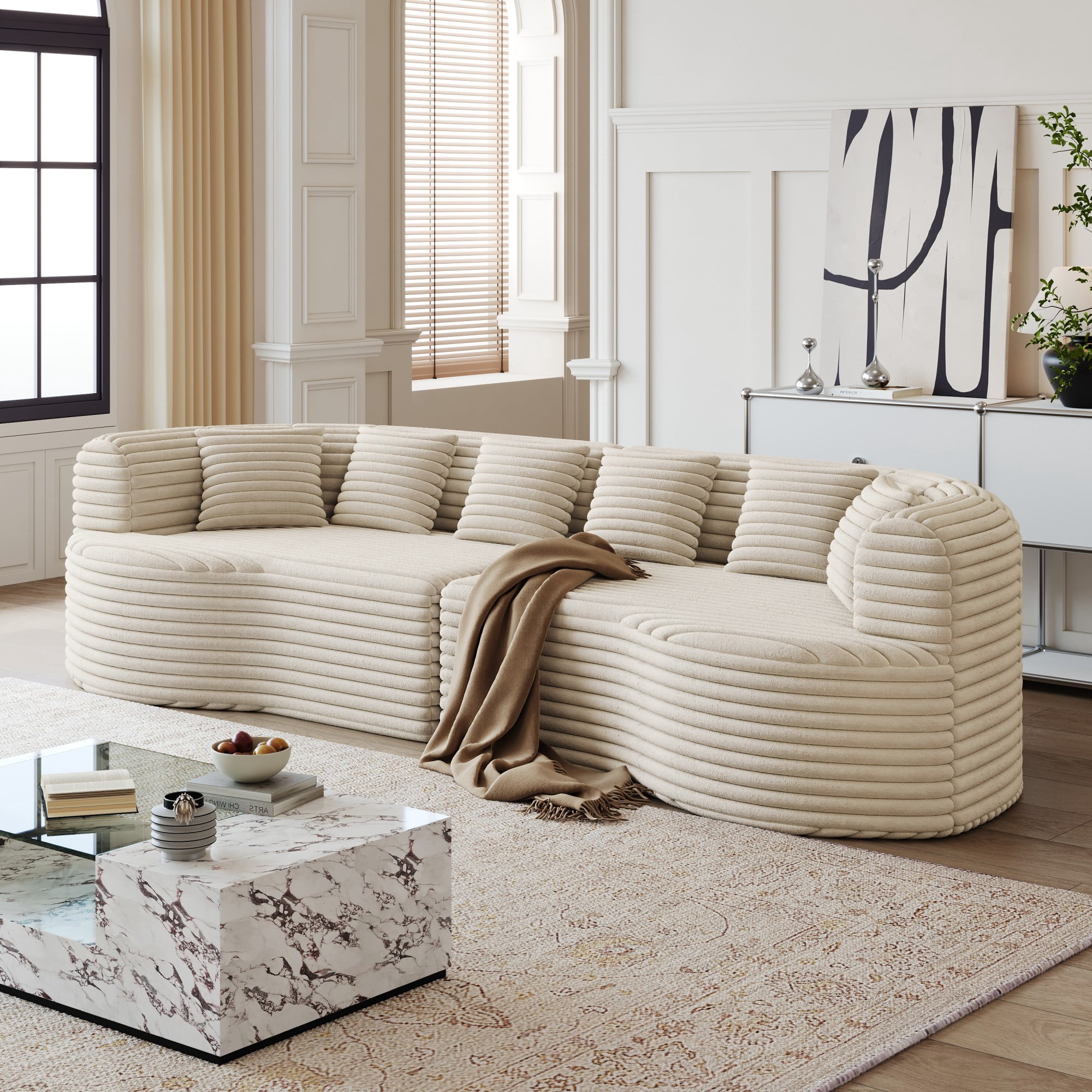 106" Oversized Sectional Sofa,Modern Corduroy Memory Foam Sofa Cloud Sofa with Deep Seat for Living Room,Beige