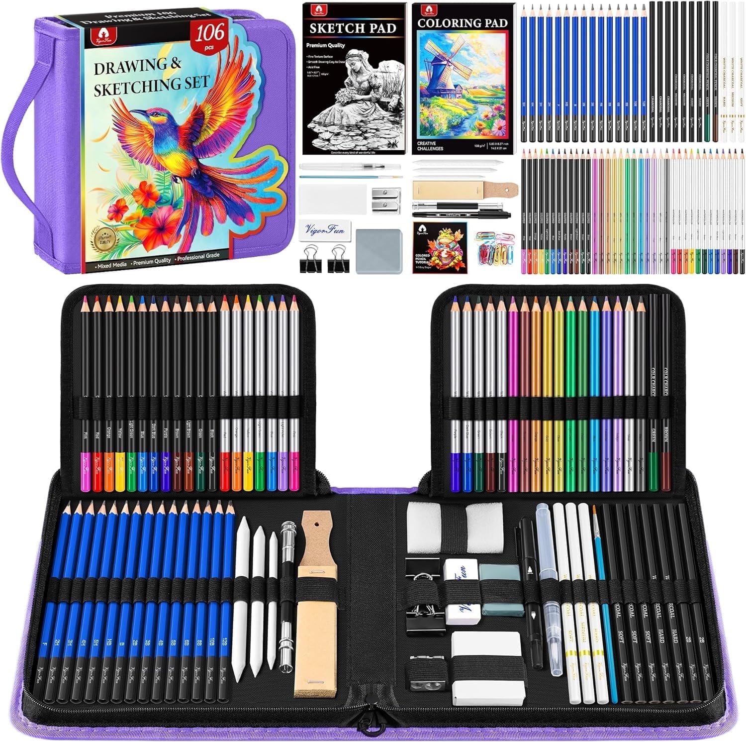 106 PCS Drawing Set Sketching Kit, Pro Art Supplies for Artists Adults Kids Beginners(Purple)