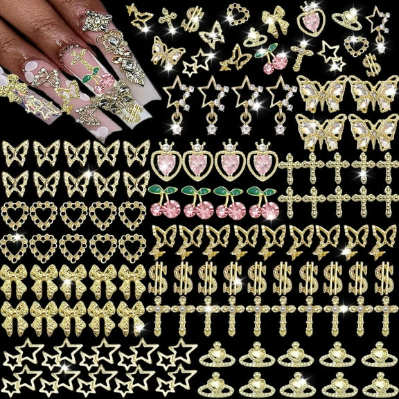 106 PCS Gold Nail Charms 3D Nail Art Charms Cherry Butterfly Cross Bow Star Heart Dollar 3D Nail Gems for Women Nail Art DIY Design