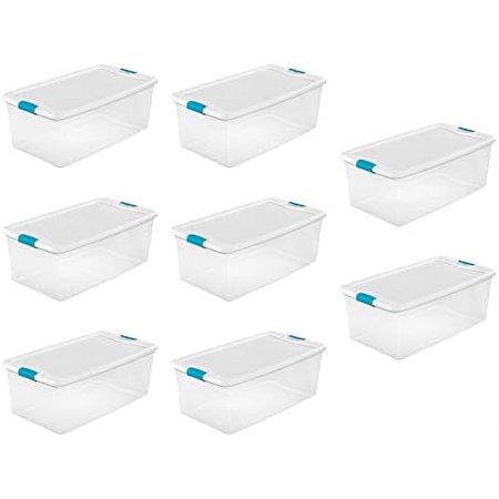 106 Quart Clear Plastic Stackable Storage Container Bin Box Tote With White Latching Lid Organizing For Home & Classroom, 8 Pack