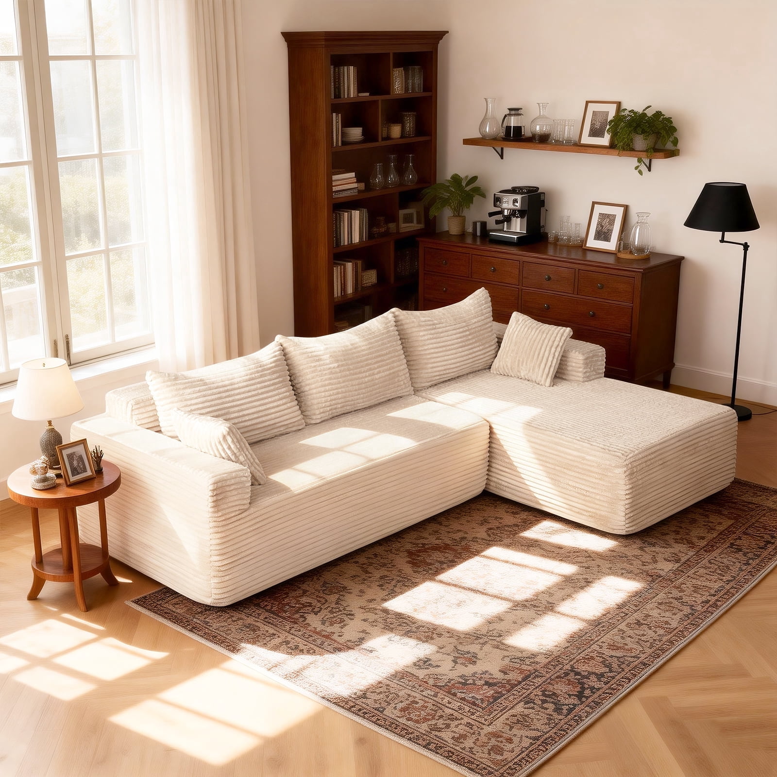 106” Sectional Couch with Chaise, Cloud Boneless Couches Flannel Plush with Deep Seat, L-Shaped Compressed Modular Sofa with Cushions for Living Room, Small Space, Beige