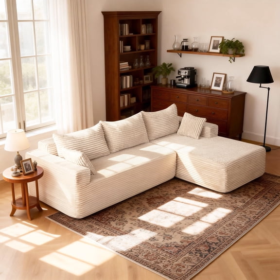 106” Sectional Couch with Chaise, Cloud Boneless Couches Flannel Plush with Deep Seat, L-Shaped Compressed Modular Sofa with Cushions for Living Room, Small Space, Beige