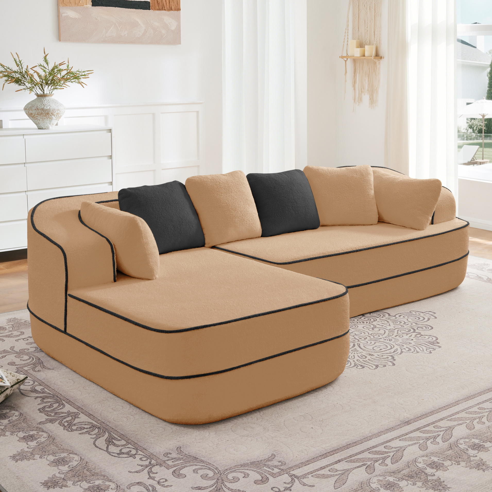 106" Teddy Fabric 32D Boneless Sofa,Modular Sectional Sofa with Curved Armrest,Contrast Color Design with Pillow,Fluffy Comfy Couch with L Shaped Chaise,for Living Room,No Assembly Required,Camel
