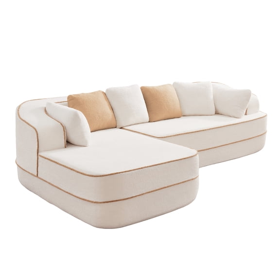 106" Teddy Fabric, No Assembly, 32D High Density Sponge Boneless Sofa, Contrast Color Design, Fluffy Comfy Couch with L-Shaped Chaise for Living Room (White)