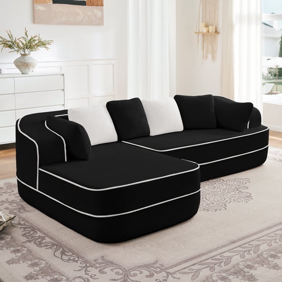 106" Teddy Fabric No Assembly 32D High Density sponge Boneless Sofa,Contrast color design,Fluffy Comfy Couch with L-Shaped Chaise,for Living Room,Black