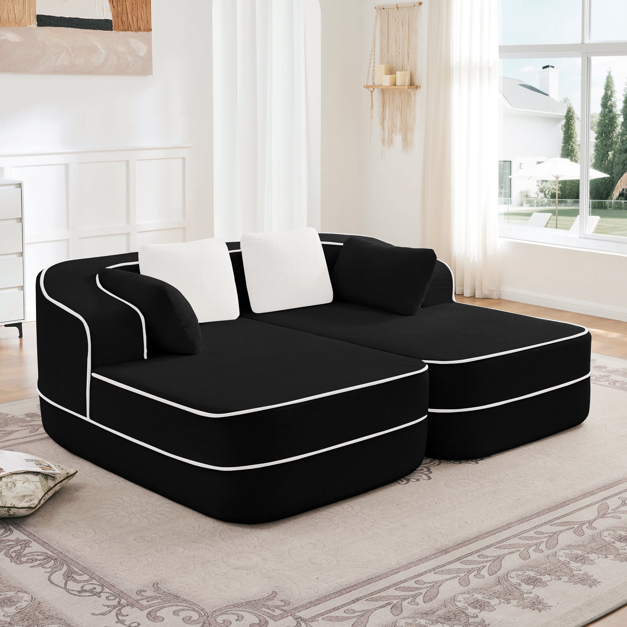 106" Teddy Fabric No Assembly 32D Boneless Sofa, Comfy Couch with L-Shaped Chaise for Living Room, Black