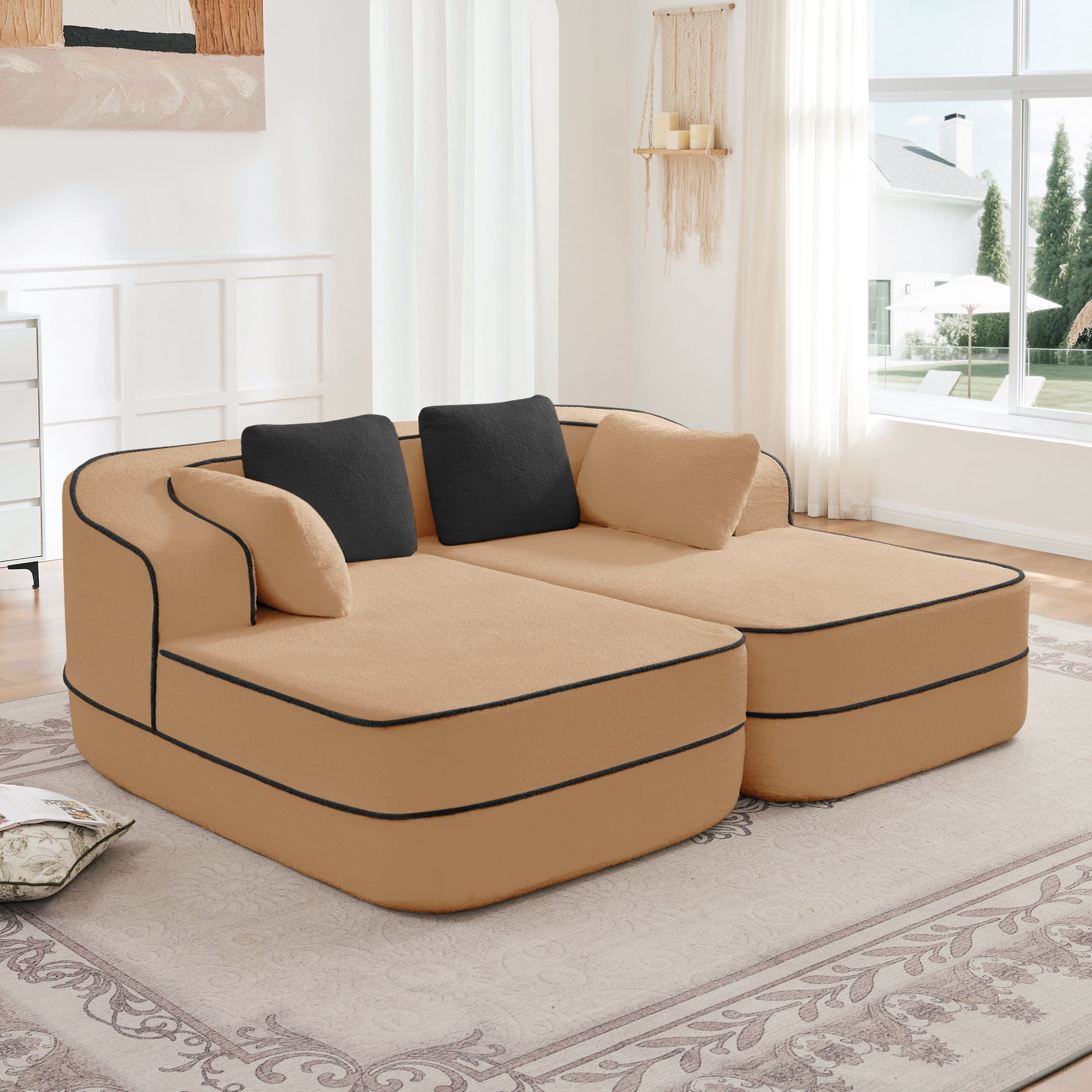 106" Teddy Fabric No Assembly 32D Boneless Sofa, Comfy Couch with L-Shaped Chaise for Living Room, Camel