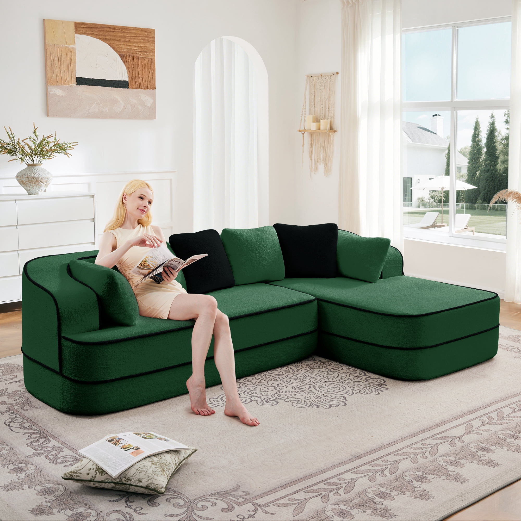 106" Teddy Fabric No Assembly 32D Boneless Sofa, Comfy Couch with L-Shaped Chaise for Living Room, Green
