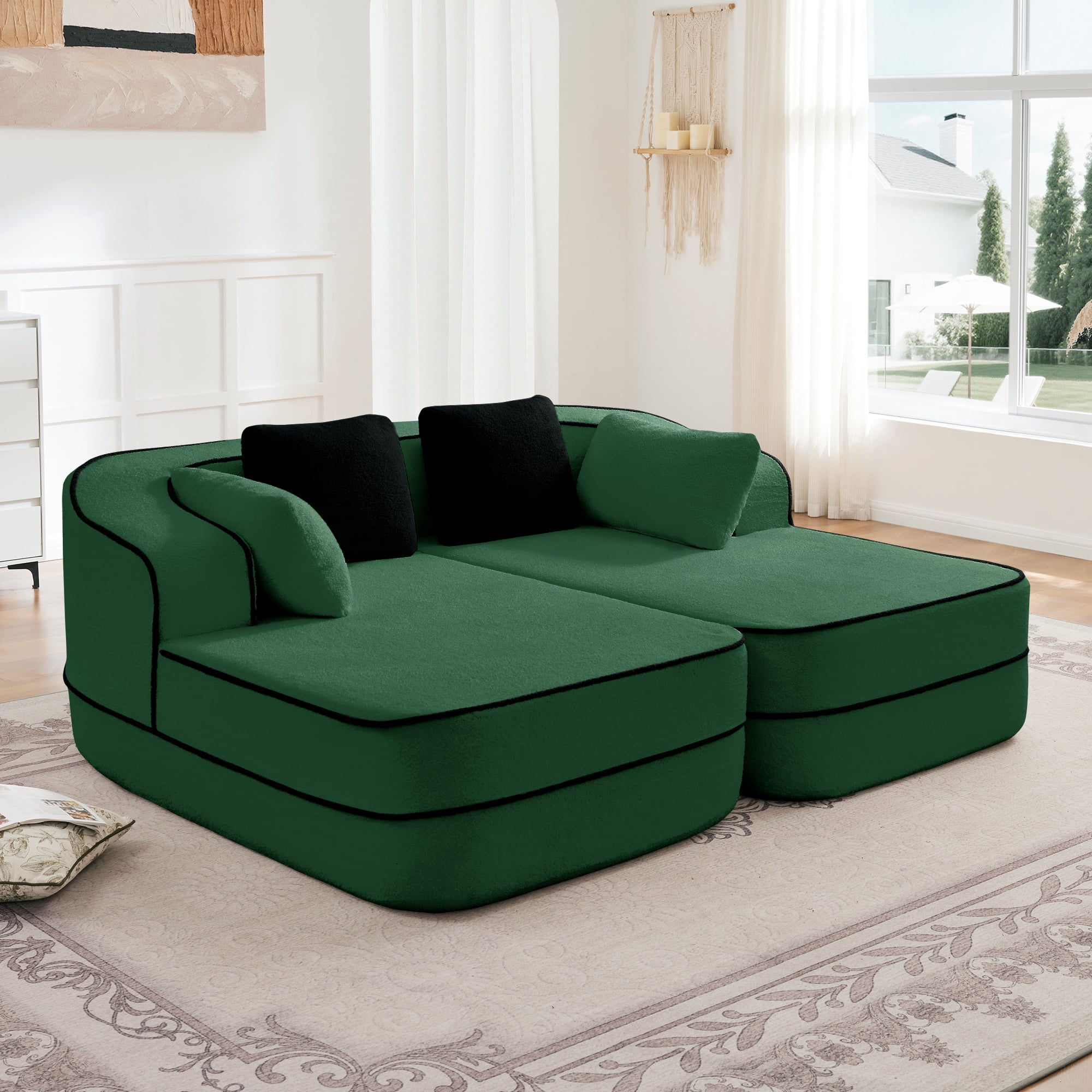 106" Teddy Fabric No Assembly 32D Boneless Sofa, Comfy Couch with L-Shaped Chaise for Living Room, Green