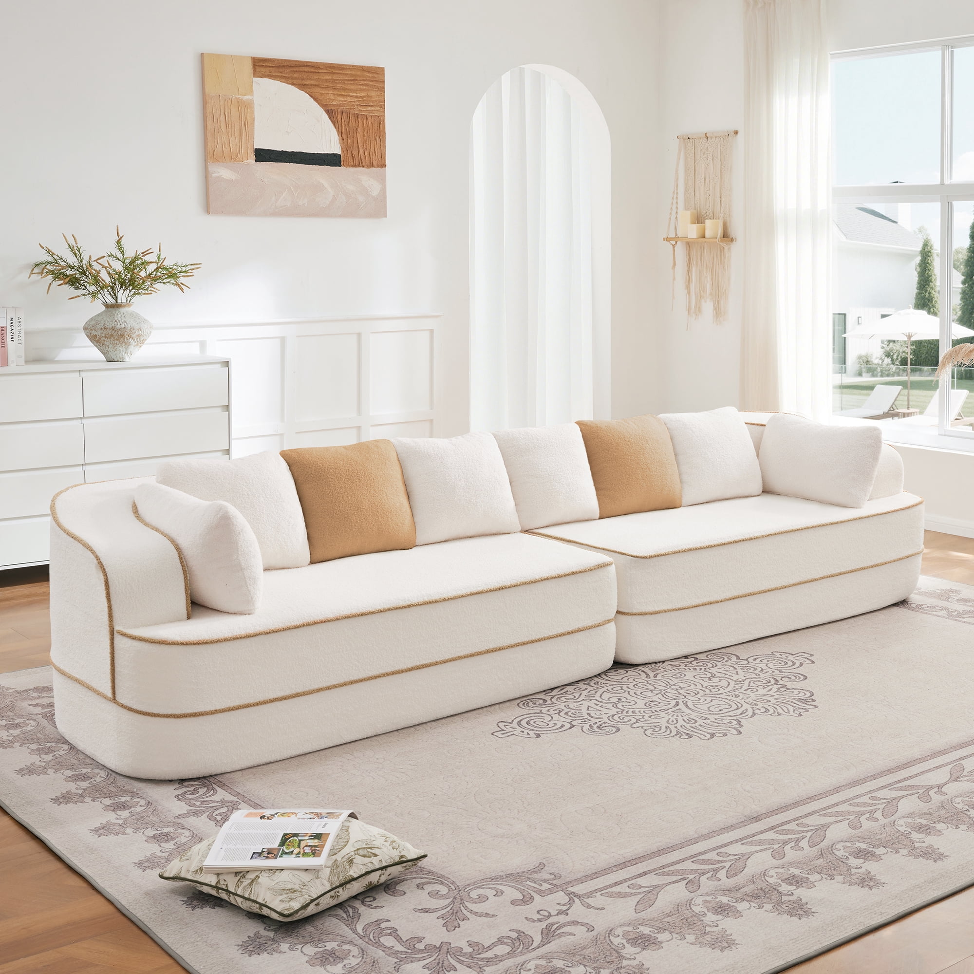 106" Teddy Fabric No Assembly 32D Boneless Sofa, Comfy Couch with L-Shaped Chaise for Living Room, White
