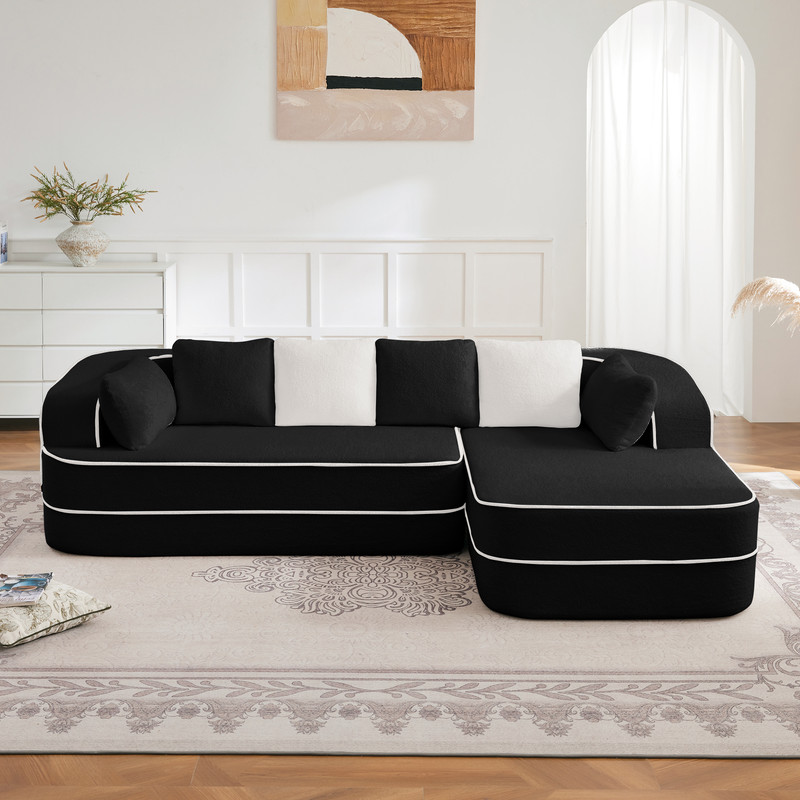 106" Teddy Fabric No Assembly 32D Boneless Sofa,Contrast color design,Fluffy Comfy Couch with L-Shaped Chaise,for Living Room,Black