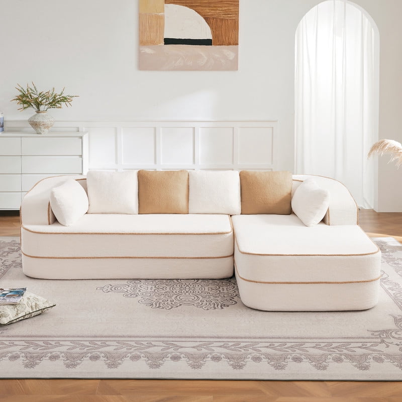 106" Teddy Fabric No Assembly 32D Boneless Sofa,Contrast color design,Fluffy Comfy Couch with L-Shaped Chaise for Living Room, White