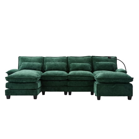 106" U Shape Sectional Sofa Cloud Couch for Living Room, Upholstery Comfy Modular Sofas, 4 Seat Chenille U-Shaped Sleeper Sofa with Chaise Lounge, Ottoman & Pillows (Green)