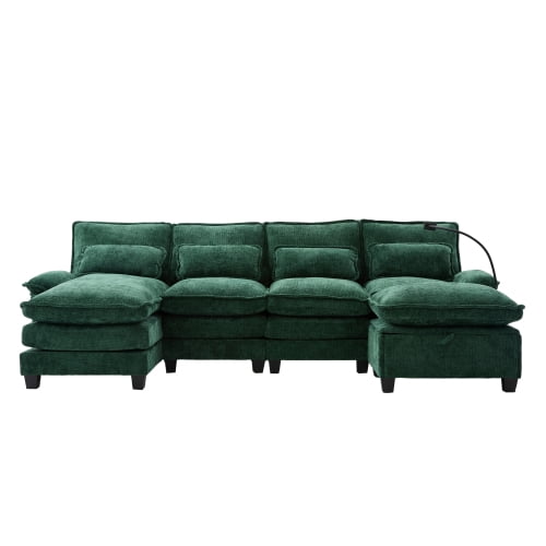 106" U Shape Sectional Sofa Cloud Couch for Living Room, Upholstery Comfy Modular Sofas, 4 Seat Chenille U-Shaped Sleeper Sofa with Chaise Lounge, Ottoman & Pillows (Green)