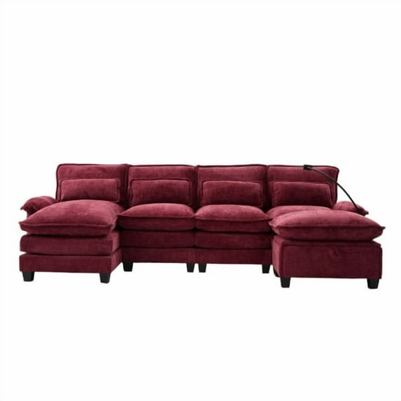 106" U Shape Sectional Sofa Cloud Couch for Living Room, Upholstery Comfy Modular Sofas, 4 Seat Chenille U-Shaped Sleeper Sofa with Chaise Lounge, Ottoman & Pillows (Red)