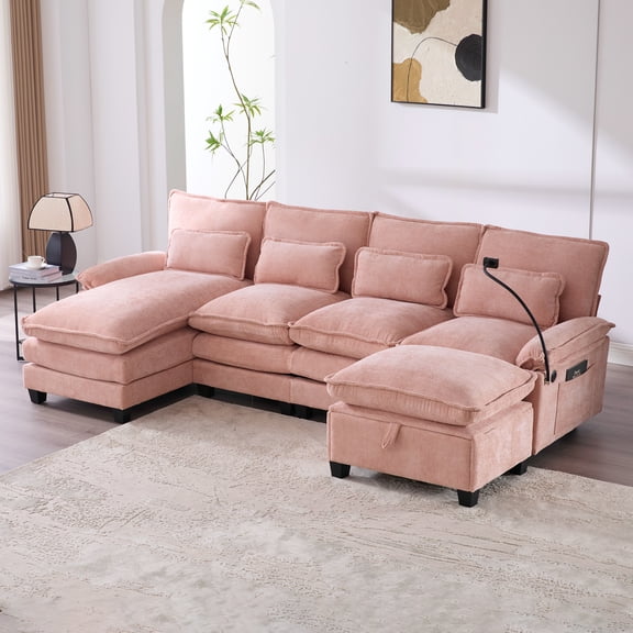106" U Shape Sectional Sofa Cloud Couch for Living Room, Upholstery Comfy Modular Sofas, 4 Seat Chenille U-Shaped Sleeper Sofa