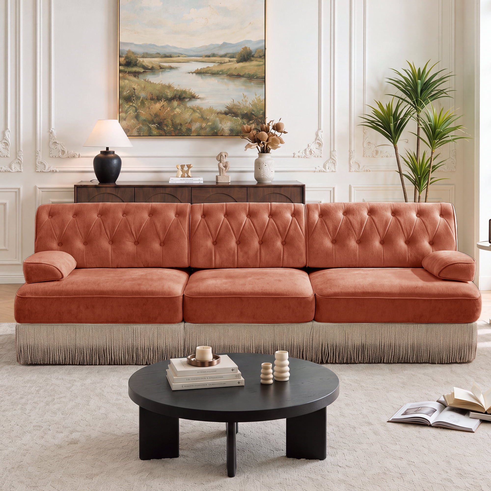 106" Velvet Fabric 3-Seater Sofa with Tassel Fringe Skirt and Button Tufted Design, Easy to Assemble