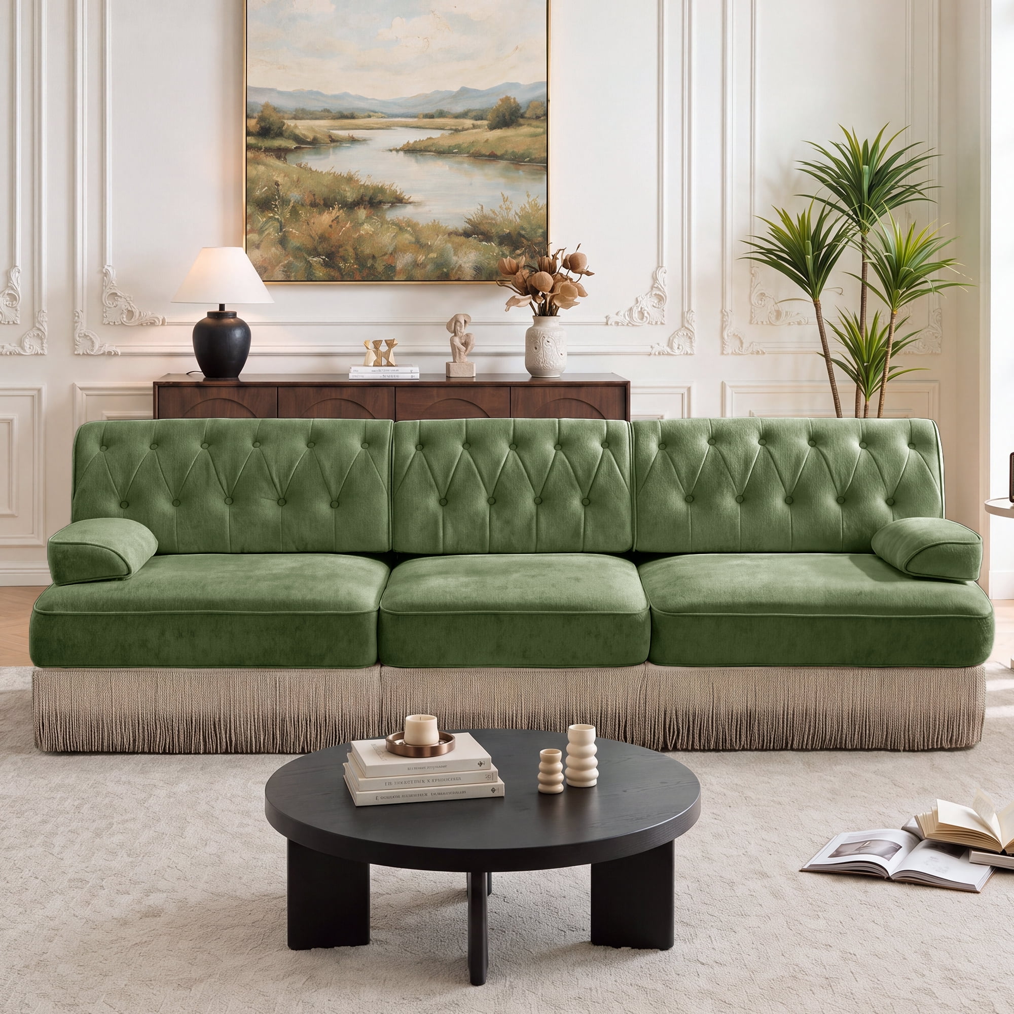 106" Velvet Fabric 3-Seater Sofa with Tassel Fringe Skirt and Button Tufted Design, Easy to Assemble