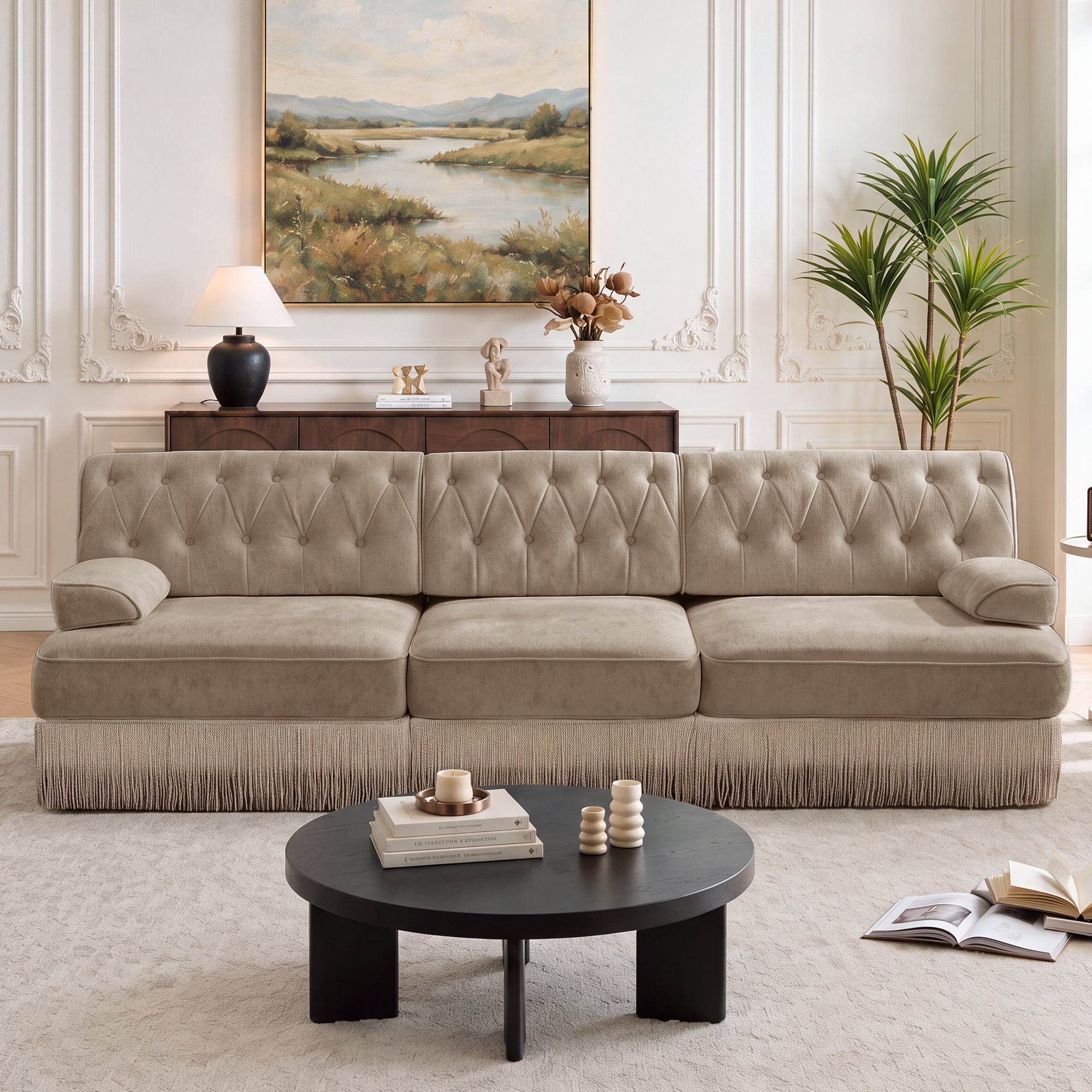 106" Velvet Fabric 3-Seater Sofa with Tassel Fringe Skirt and Button Tufted Design, Easy to Assemble