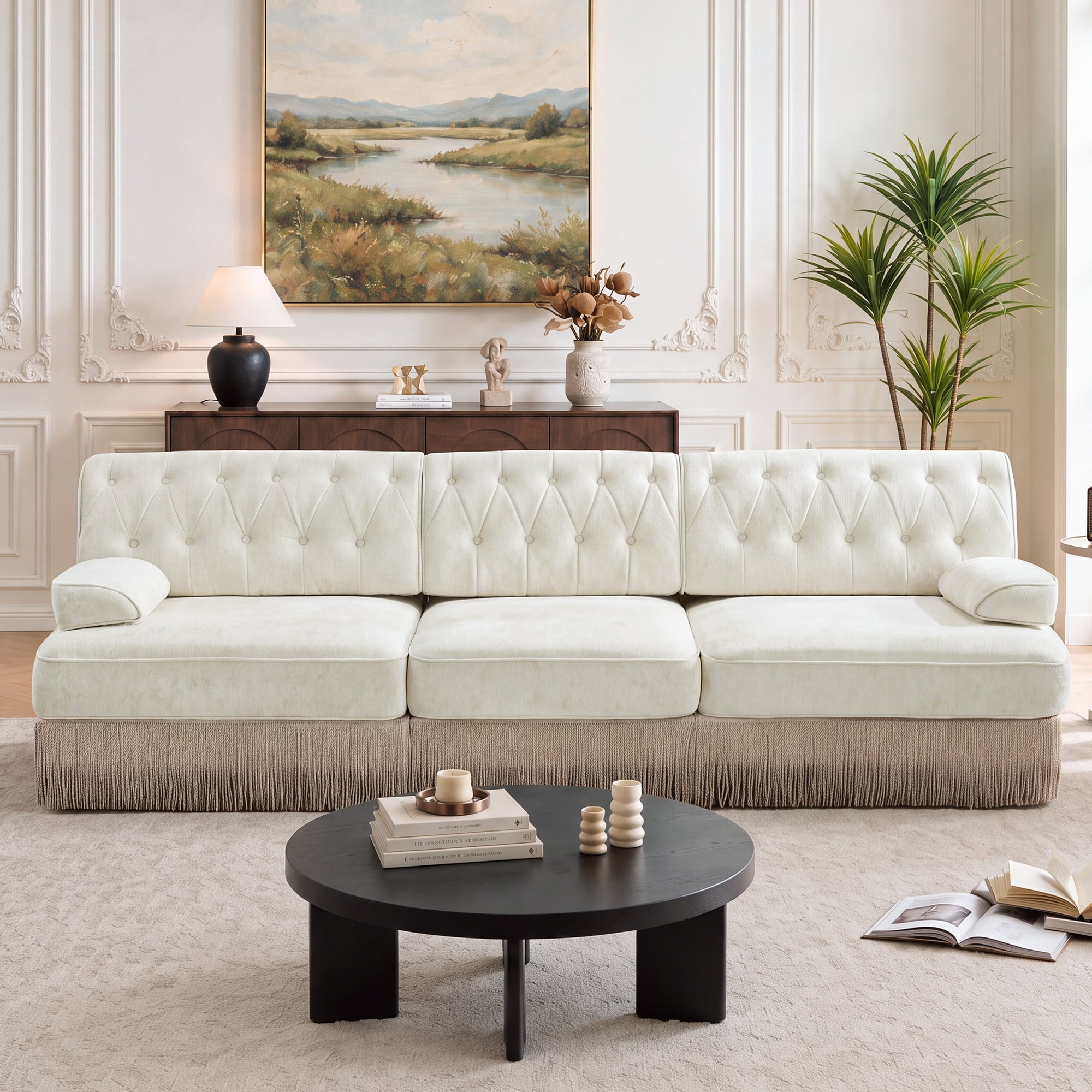 106" Velvet Fabric 3-Seater Sofa with Tassel Fringe Skirt and Button Tufted Design, Easy to Assemble