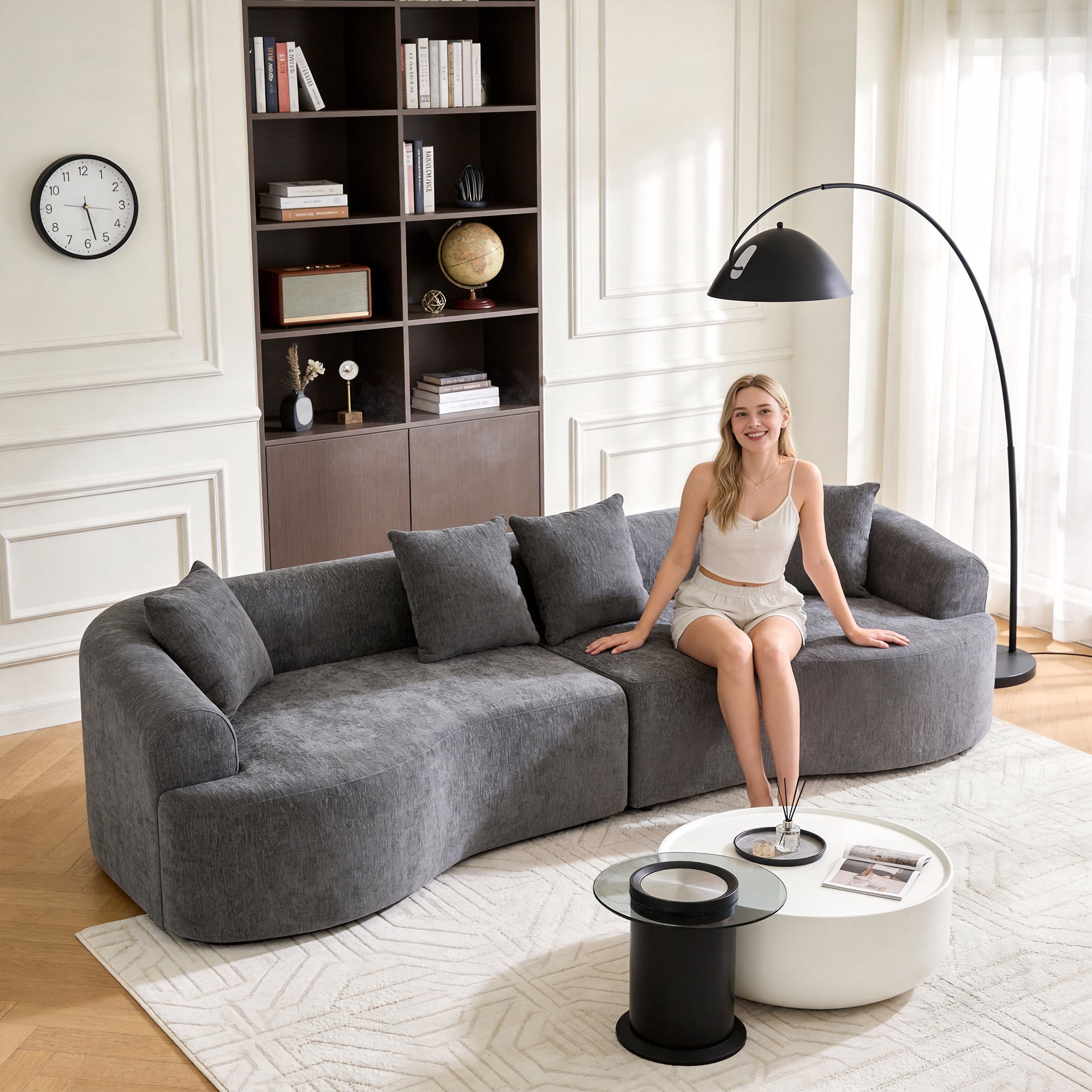 106" Wide Curved Modular Sectional Sofa, No Assembly Chenille Cloud Couch with Medium-Firm Support