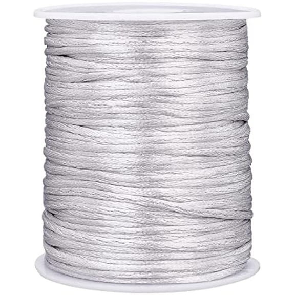 106 Yards Rattail Satin Cord 2mm Silver Silk Crafts Cords Christmas Beading String for Necklace Macrame Friendship Bracelet Chinese Knot Dream Catchers Braid Hair