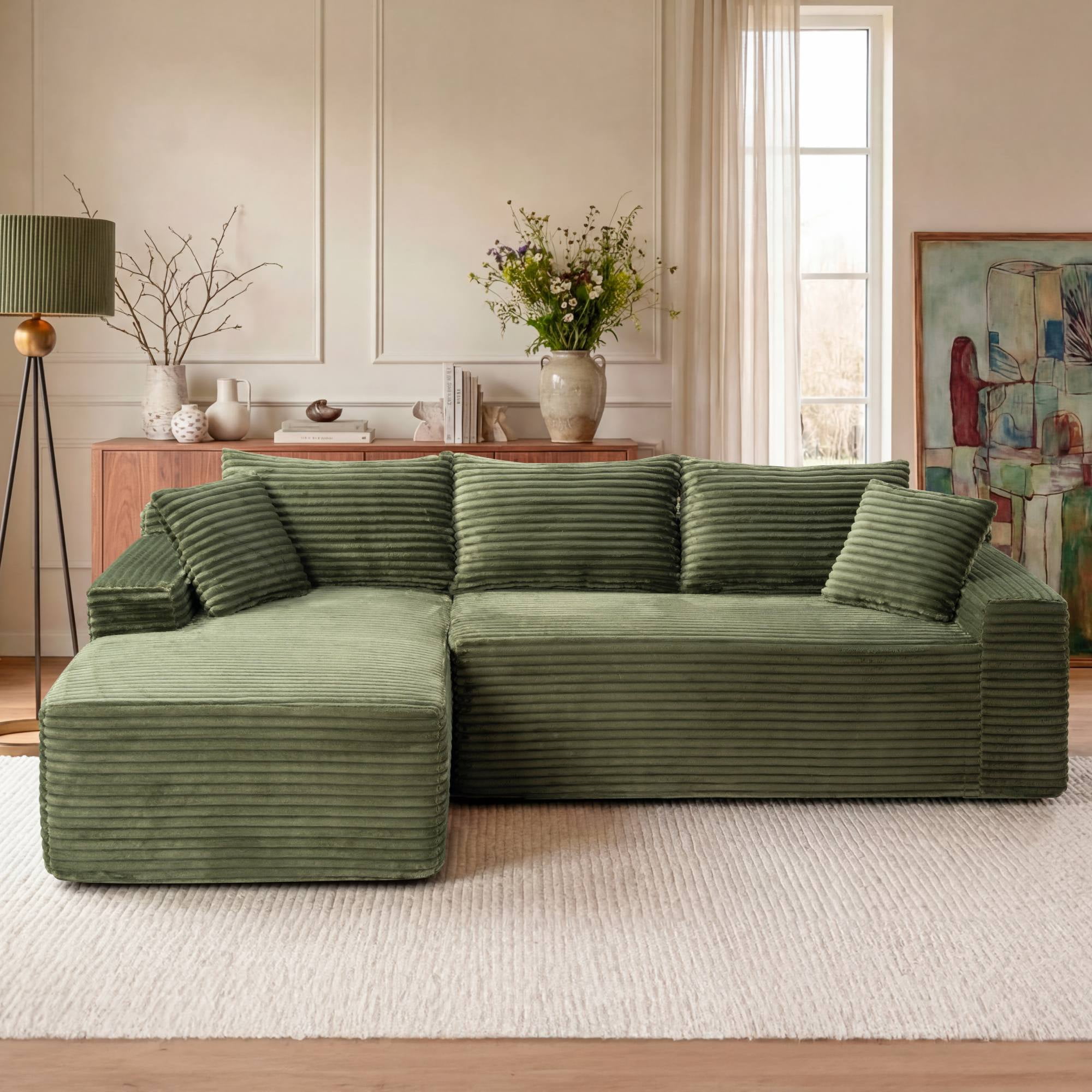 106 inch L Shape Cloud Couch Modular Sectional Sofa Corduroy Boneless Sofa Couch with Chaise, No Assembly Sofa for Living Room, Green