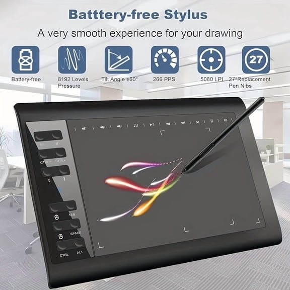 1060Graphic Drawing Tablet, 10 X 6 Inch Drawing Tablet With 8192 Levels Battery-Free Pen And Bag, 12 Hot Keys, Compatible With PC/Mac/Android For Painting, Design & Online Teaching