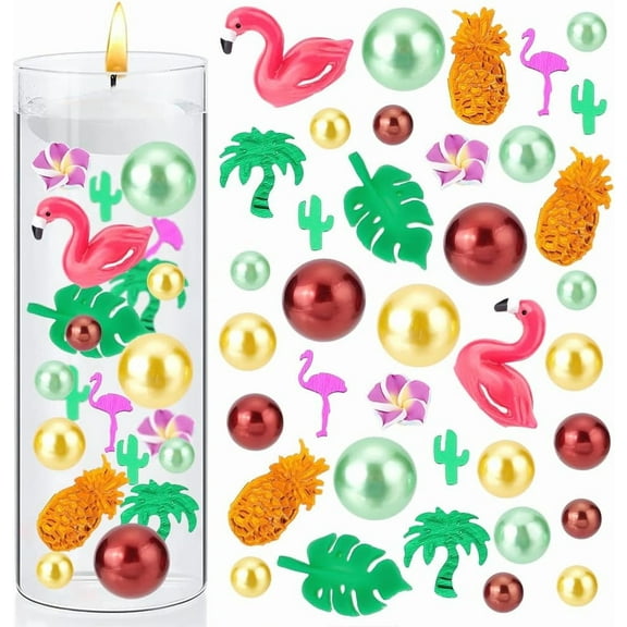 1060PCS Summer Theme Pearl for Vase Filler Centerpiece Floating Candles Pearls Beads with PVC Confetti Pearl Beads Resin Flamingo/Leaf Cabochons for Wedding Party Decor