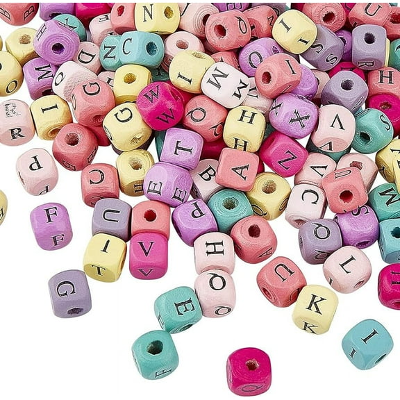 1060pcs 10mm Alphabet Wooden Beads Random Alphabet Mixed Colored Square Wooden Beads Wooden Loose Beads with Initial Letter for Jeweley Making