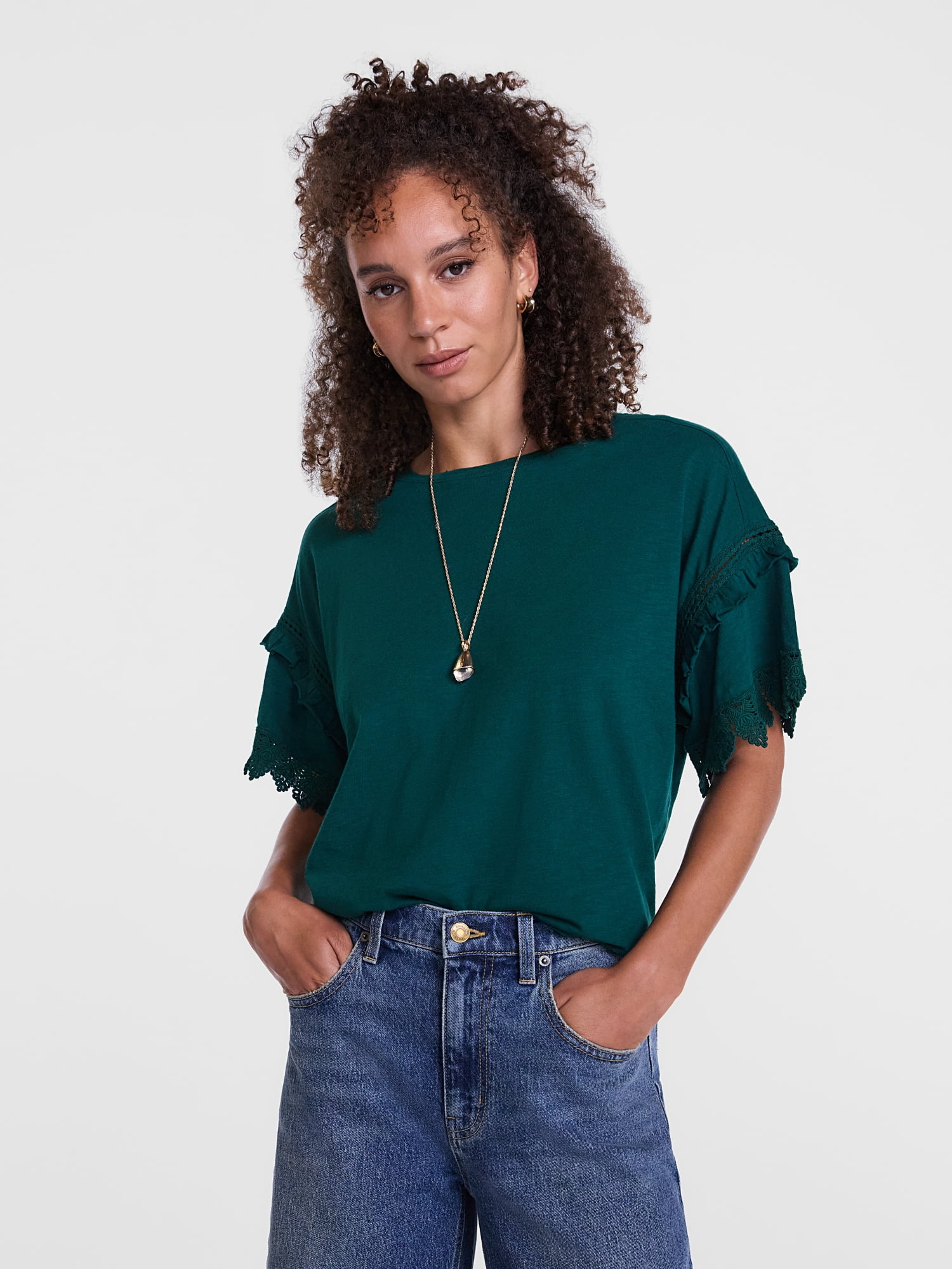 Scenario Women's Lace Trim Tee with Short Sleeves, Size XS-XXXL