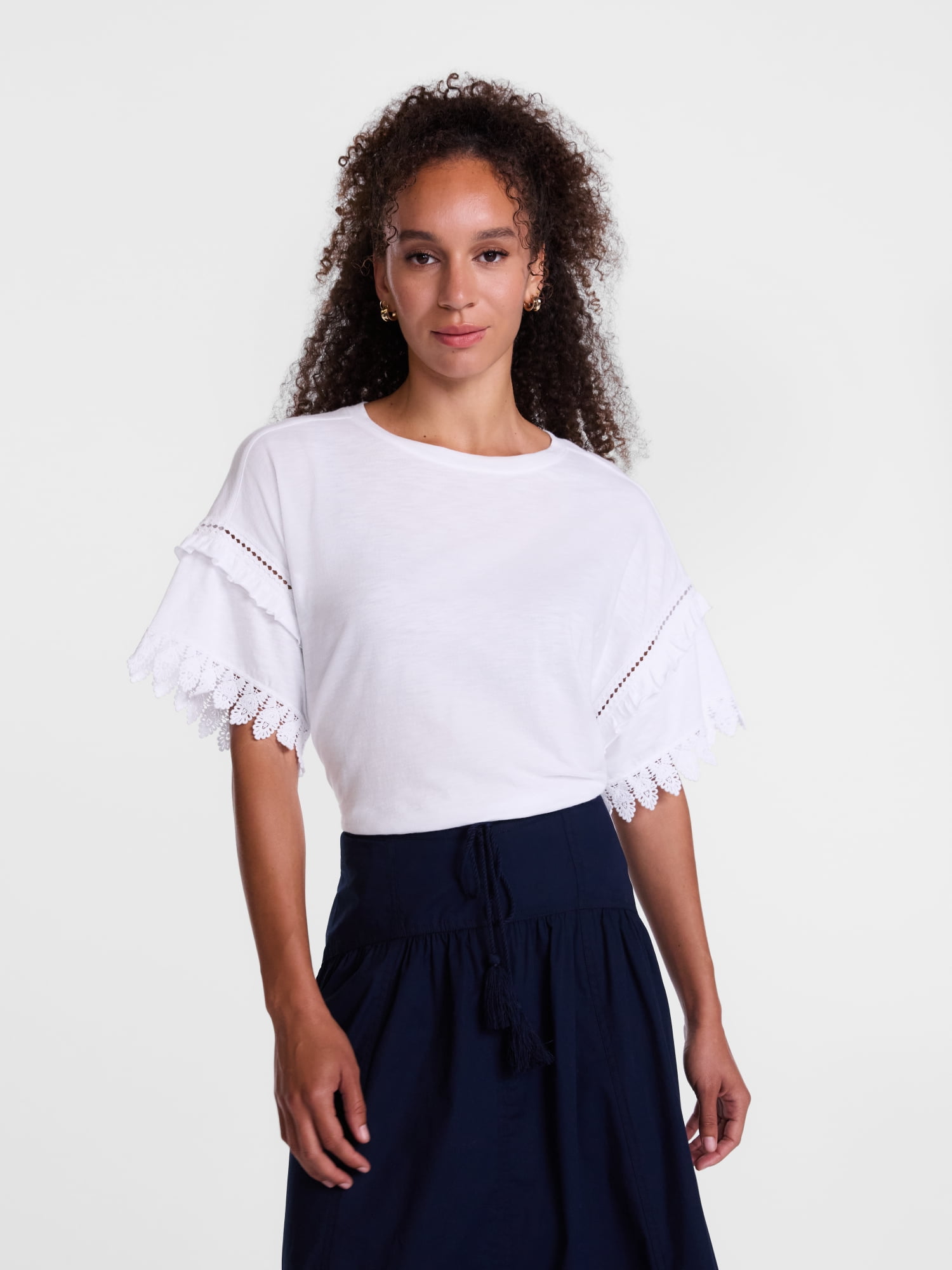 Scenario Women's Lace Trim Tee with Short Sleeves, Size XS-XXXL